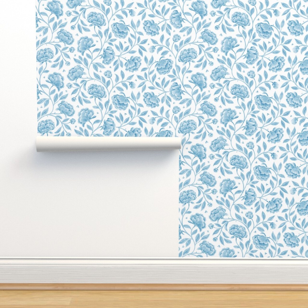 Cottagecore Floral Peony Romantic Flowers Garden Party Grandmillennial Blue And White Wedding Decor Peonies Traditional Large Scale Custom Removable Wallpaper by Spoonflower Peel & Stick Wallpaper 2FT Wide